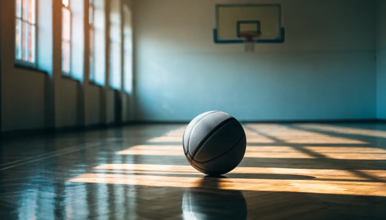 Ein Basketball liegt unter dem Korb in einer leeren Sporthalle, durch hohe Fenster fällt Tageslicht auf das Parkett.