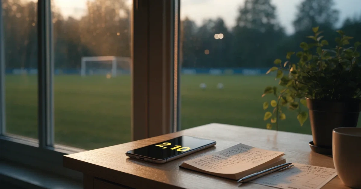 Ein aufgeräumter Schreibtisch mit Pflanze und Tasse in einem Heimbüro, vor dem Fenster liegt ein Fussballplatz im Gegenlicht.