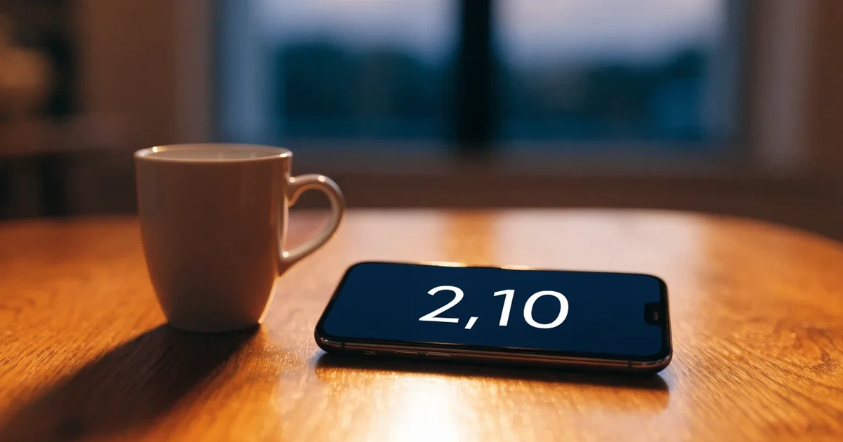 Ein Smartphone mit dunklem Display liegt auf einem Holztisch neben einer Kaffeetasse, durch das Fenster fällt warmes Abendlicht.