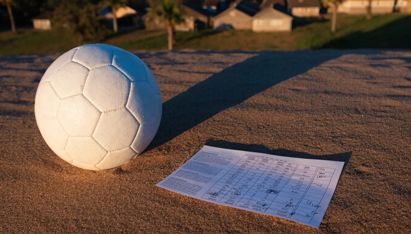 Ein Fussball liegt auf rotbraunem Sand am Rand eines Dorfes, die Abendsonne wirft lange Schatten.