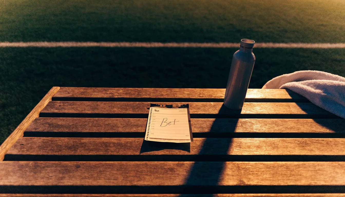 Eine Trinkflasche und ein Handtuch liegen auf einer Holzbank am leeren Spielfeldrand unter dem Licht der Flutlichter.