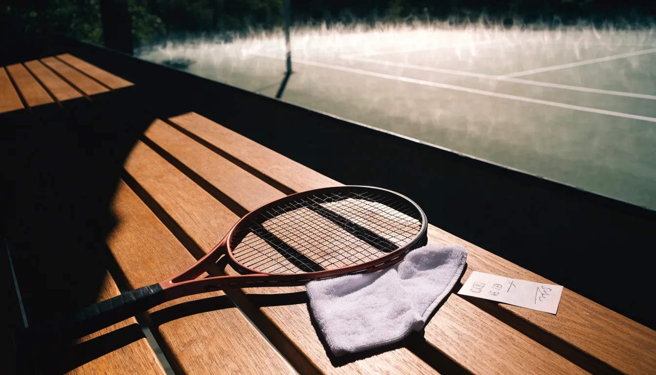 Ein Schläger und ein Handtuch liegen auf einer Bank im Schatten eines Sonnensegels, dahinter flimmert die Hitze über dem Platz.