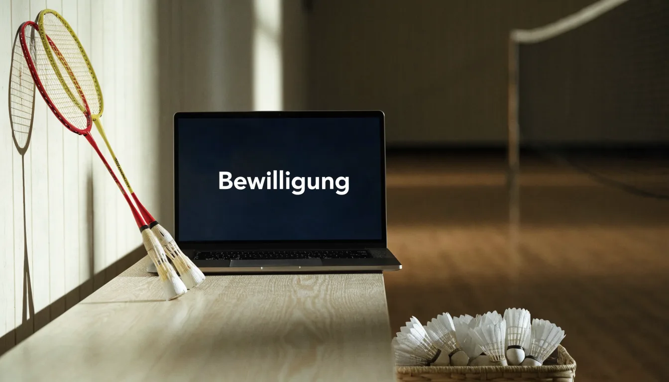 Zwei Badmintonschläger lehnen gekreuzt an einer Hallenwand aus Holz, daneben steht ein Korb mit Federbällen.