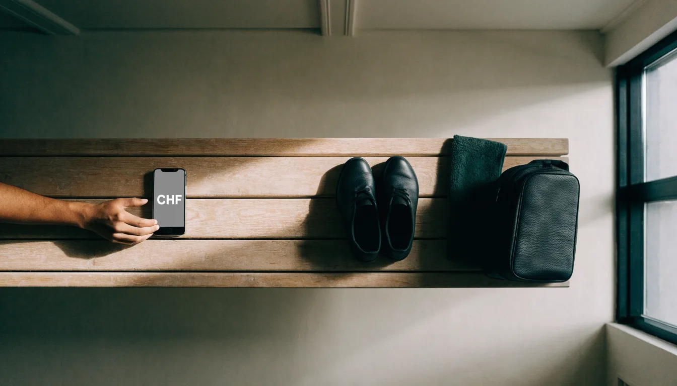 Ein Paar Hallenschuhe steht ordentlich neben einer Sporttasche auf einer Bank in einer leeren Garderobe, ein Fenster lässt Morgenlicht herein.