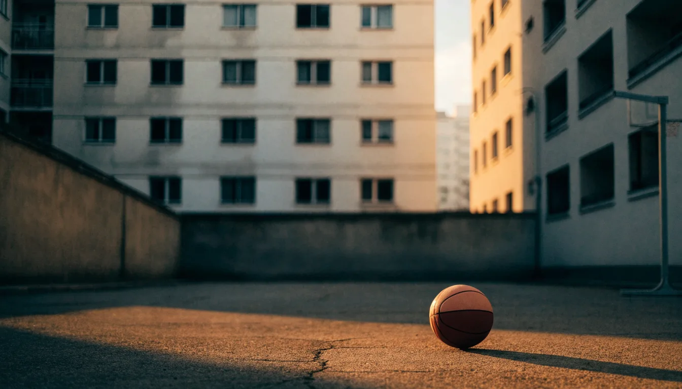 Ein abgenutzter Basketball liegt einsam auf einem asphaltierten Freiplatz zwischen den Häuserblöcken, die warme Beleuchtung der Dämmerung hebt die Textur des Balls hervor.