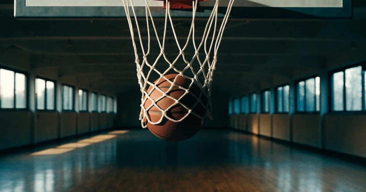 Ein Basketballkorb mit Netz in einer leeren Halle, Licht fällt von hohen Fenstern auf den glänzenden Parkettboden.