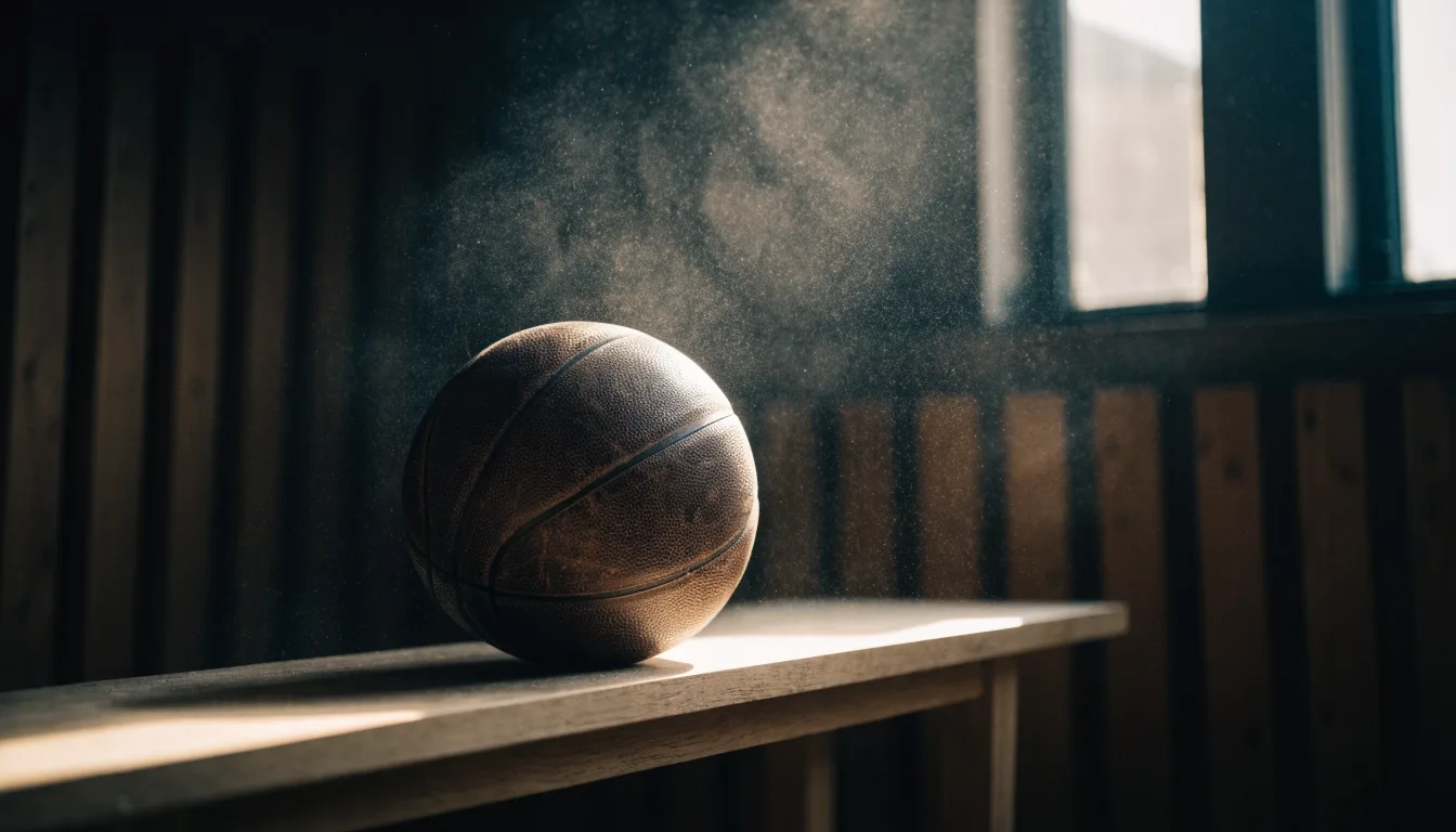 Ein abgenutzter Lederball liegt auf einem Holzregal in einem Vereinsraum, ein Sonnenstrahl macht den Staub sichtbar.