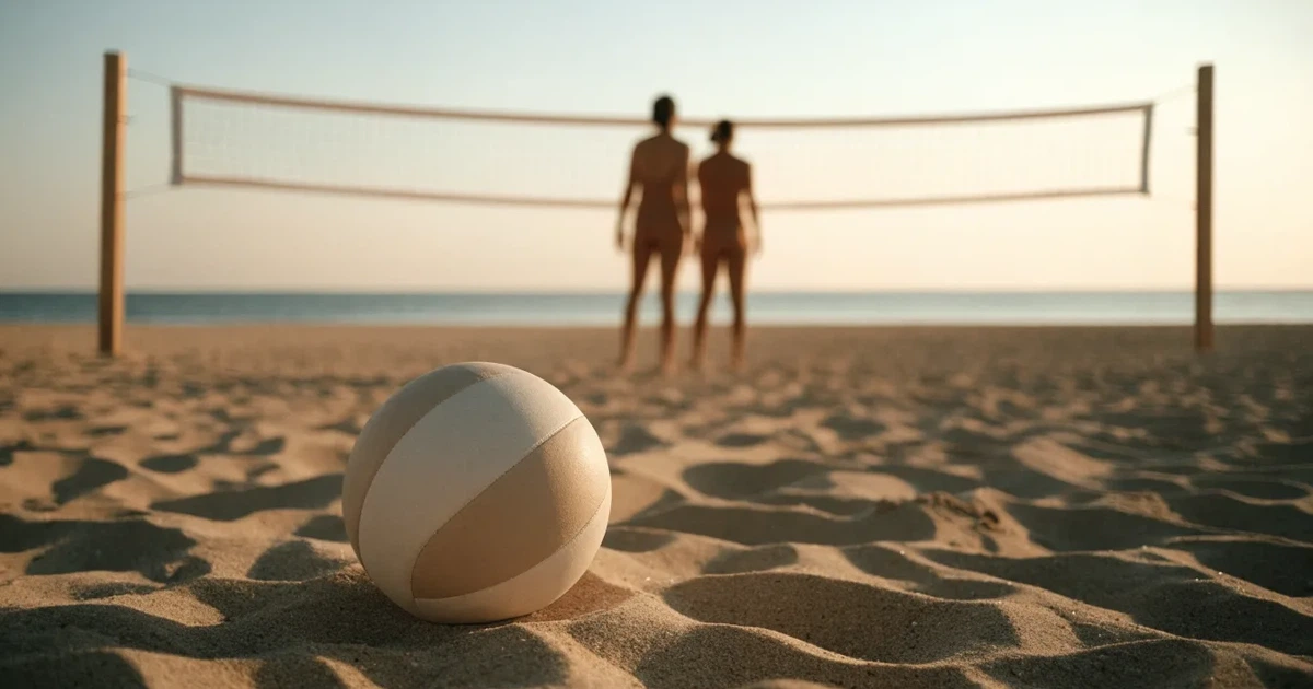 Ein Volleyball liegt auf feinem hellem Sand, ein gespanntes Netz verschwimmt dahinter, das Licht kommt von einem weiten Meer.