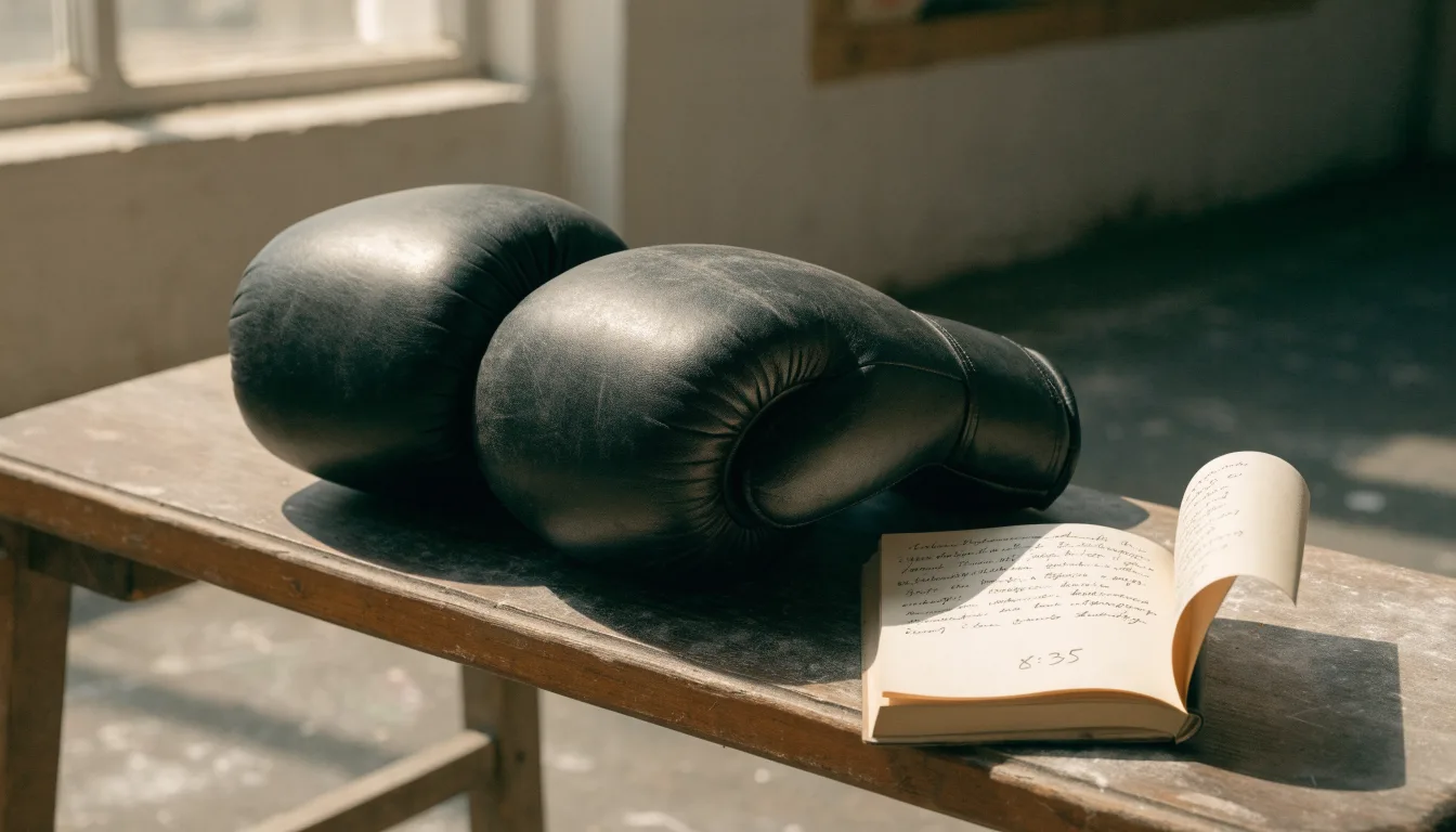 Ein Paar Boxhandschuhe aus Leder liegt auf einer Holzbank neben einem Notizbuch mit handgeschriebenen Zeilen, warmes Fensterlicht