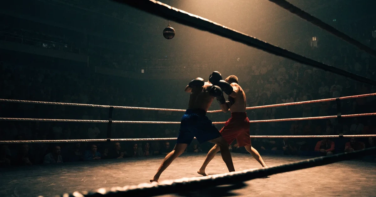 Ein leerer Boxring mit gespannten Seilen unter hellem Hallenlicht, dahinter ansteigende Zuschauerränge in einer grossen dunklen Halle