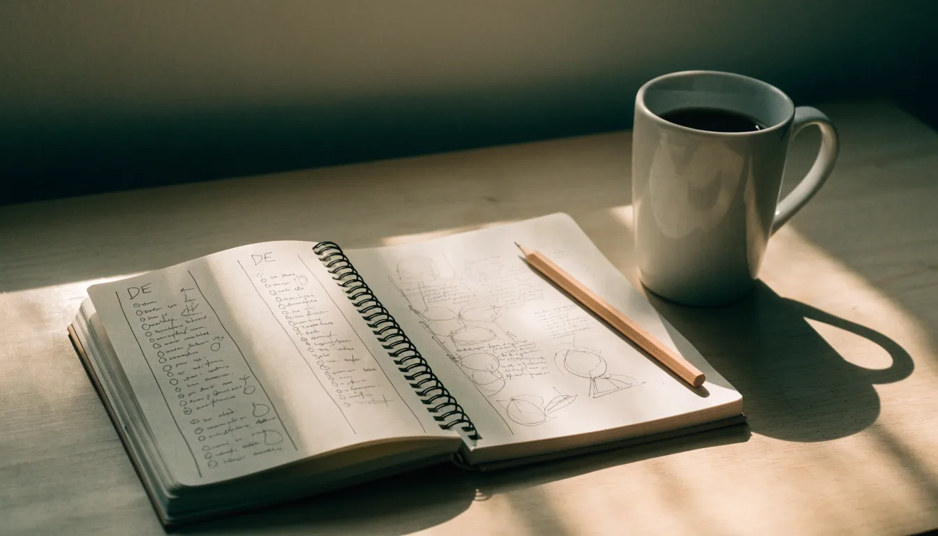 Ein aufgeschlagenes Notizbuch mit handgeschriebenen Spalten und ein Bleistift neben einer Tasse Kaffee auf einem Holztisch am Morgen