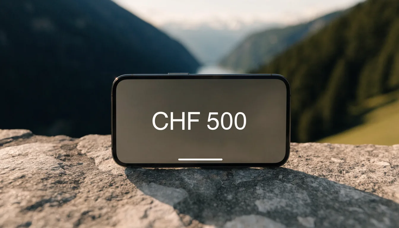 Ein Smartphone mit dunklem Display liegt auf einer Steinmauer, dahinter ein Alpental im Abendlicht