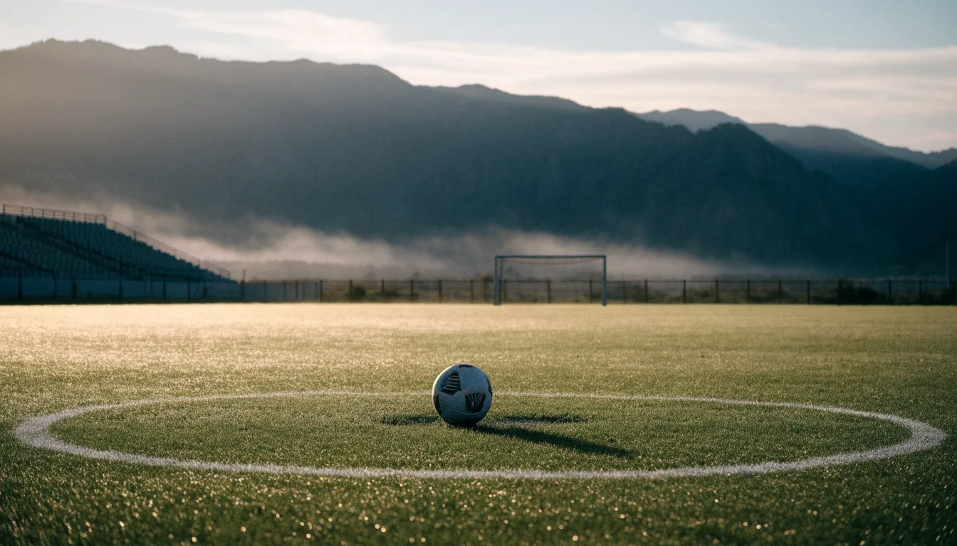Ein einzelner Fussball auf dem Mittelpunkt eines leeren Rasens im Morgennebel, hinter dem Tor ragen Berge auf