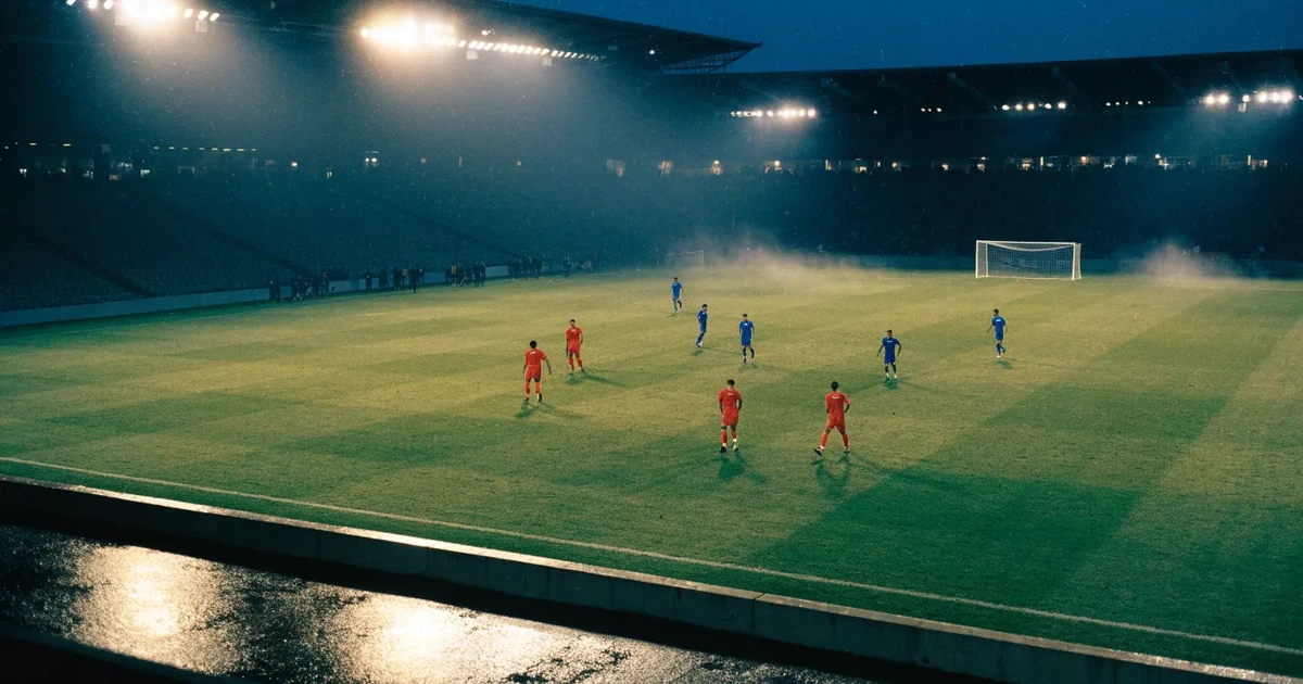 Ein Fussballstadion bei Flutlicht von einer Anhöhe aus gesehen, der Rasen leuchtet grün unter dunklem Abendhimmel