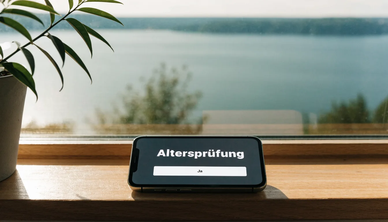 Eine Topfpflanze auf einem Fensterbrett mit weitem Blick über einen stillen See am Morgen
