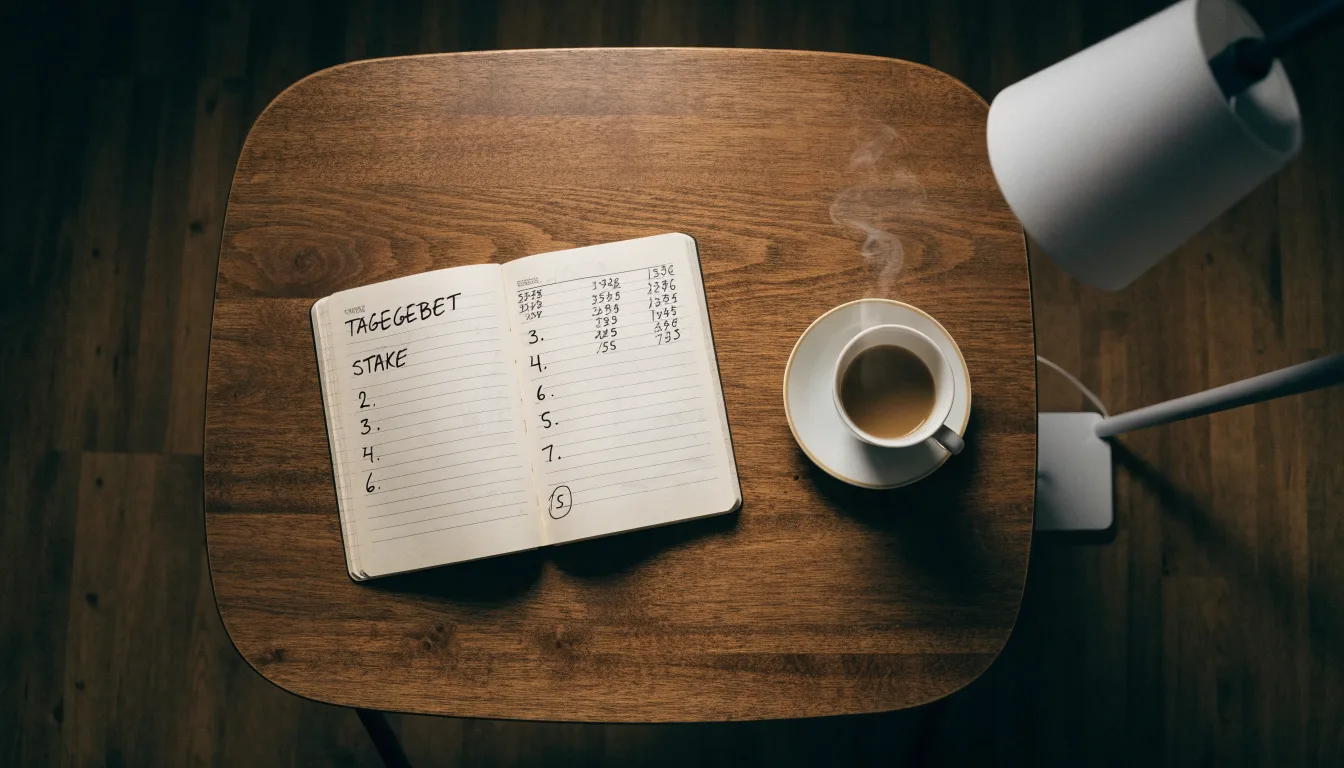 Ein Notizbuch mit handschriftlichen Einträgen und eine Tasse Tee stehen auf einem Tisch neben einer Stehlampe