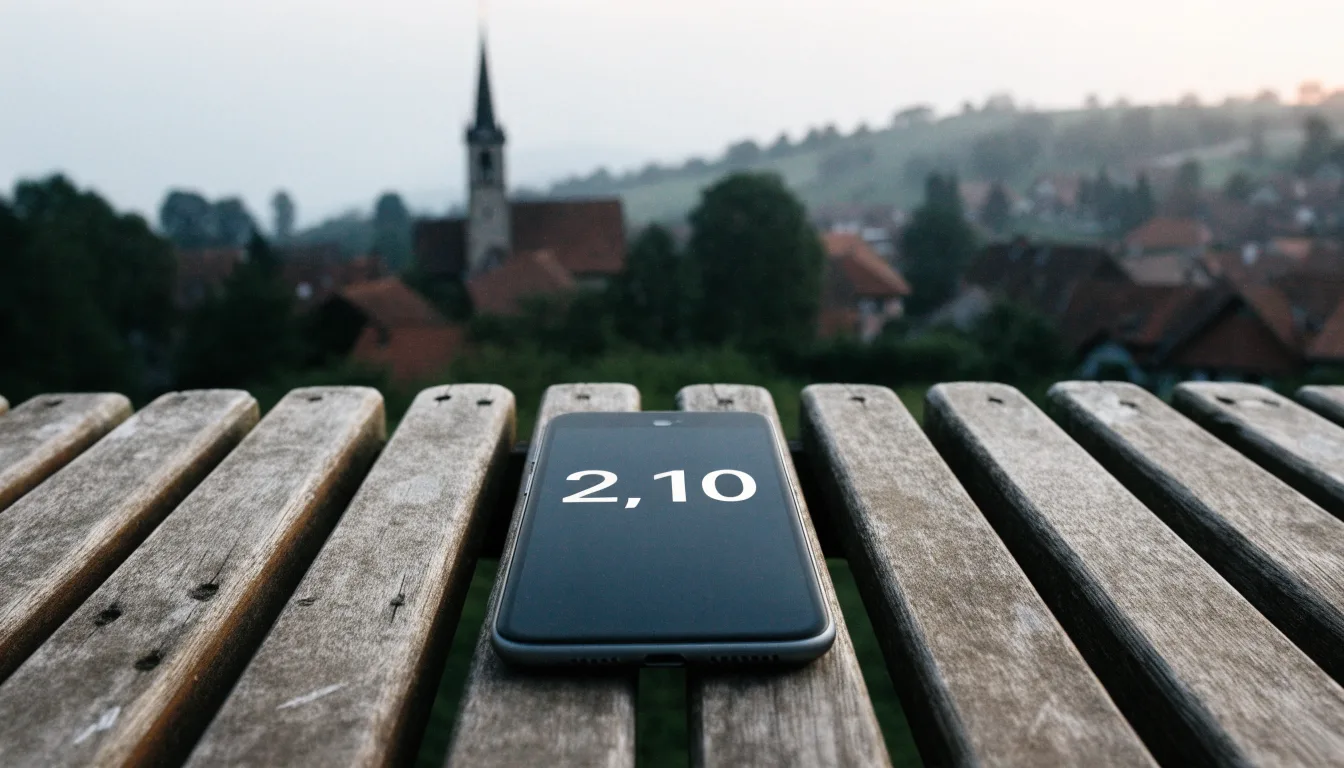 Ein Smartphone mit dunklem Display liegt auf einer Parkbank, dahinter ein Schweizer Dorf mit Kirchturm im Dunst