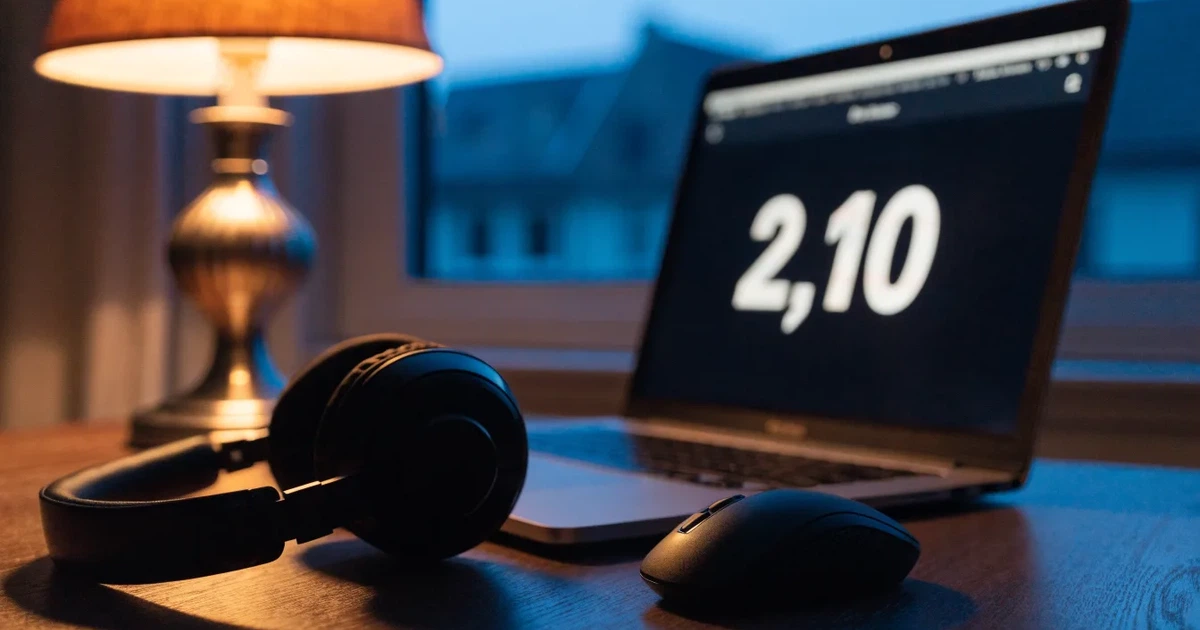 Ein Headset und eine Computermaus liegen auf einem Holzschreibtisch neben einer Tischlampe, draussen ist es Abend
