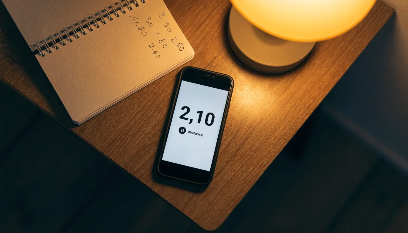 Eine Sanduhr steht auf einem Schreibtisch neben einem Notizbuch mit handschriftlichen Einträgen im Licht einer Lampe