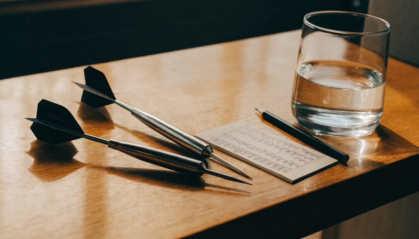 Drei Dartpfeile liegen auf einer Holzfläche neben einem Notizblock mit handschriftlichen Zahlen und einem Glas Wasser