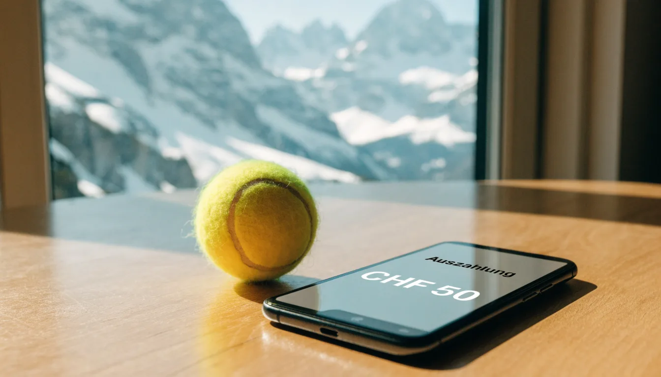 Ein einzelner gelber Tennisball liegt auf einem Holztisch vor einem Fenster mit Alpenblick