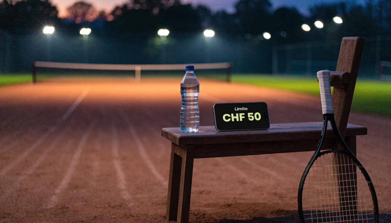 Ein Tennisschläger lehnt an einer Bank neben einer Wasserflasche, am Abend ruht der Platz im Flutlicht, aus der Ferne gesehen