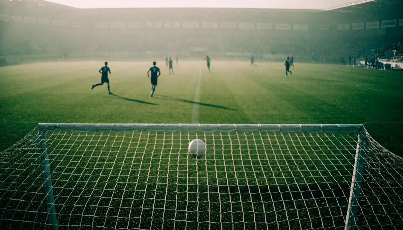 Ein Fussball liegt im Netz hinter einem Tor, weicher Morgennebel hängt über dem Rasen