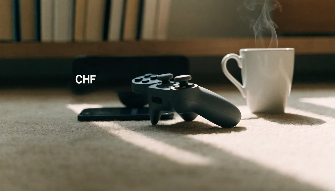 Ein Spielcontroller liegt auf einem Teppich neben einer Tasse, im Hintergrund ein Regal mit Büchern