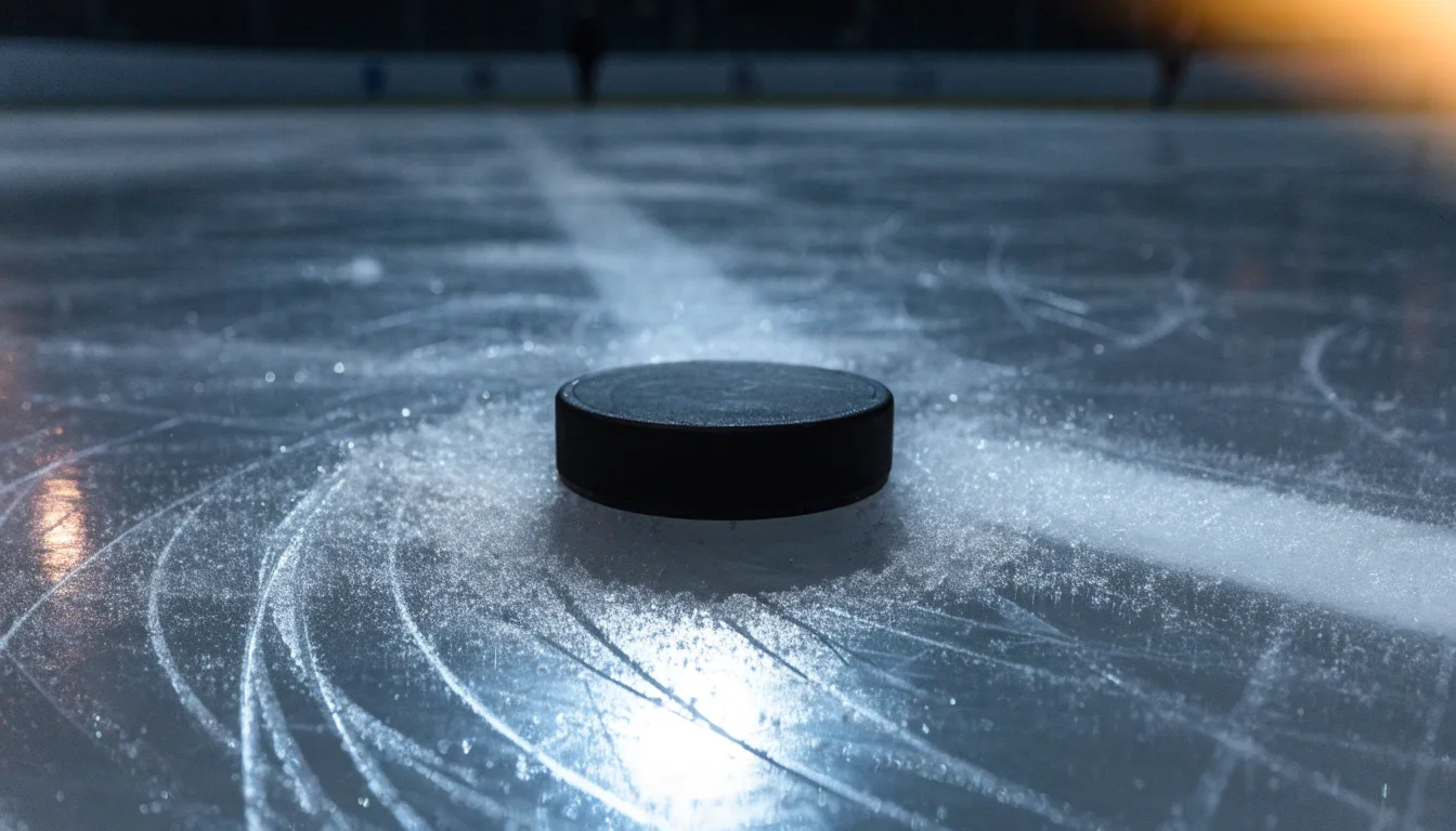 Ein Eishockeypuck liegt auf einer Eisfläche mit Kratzspuren, Nahaufnahme mit kühlen Reflexen