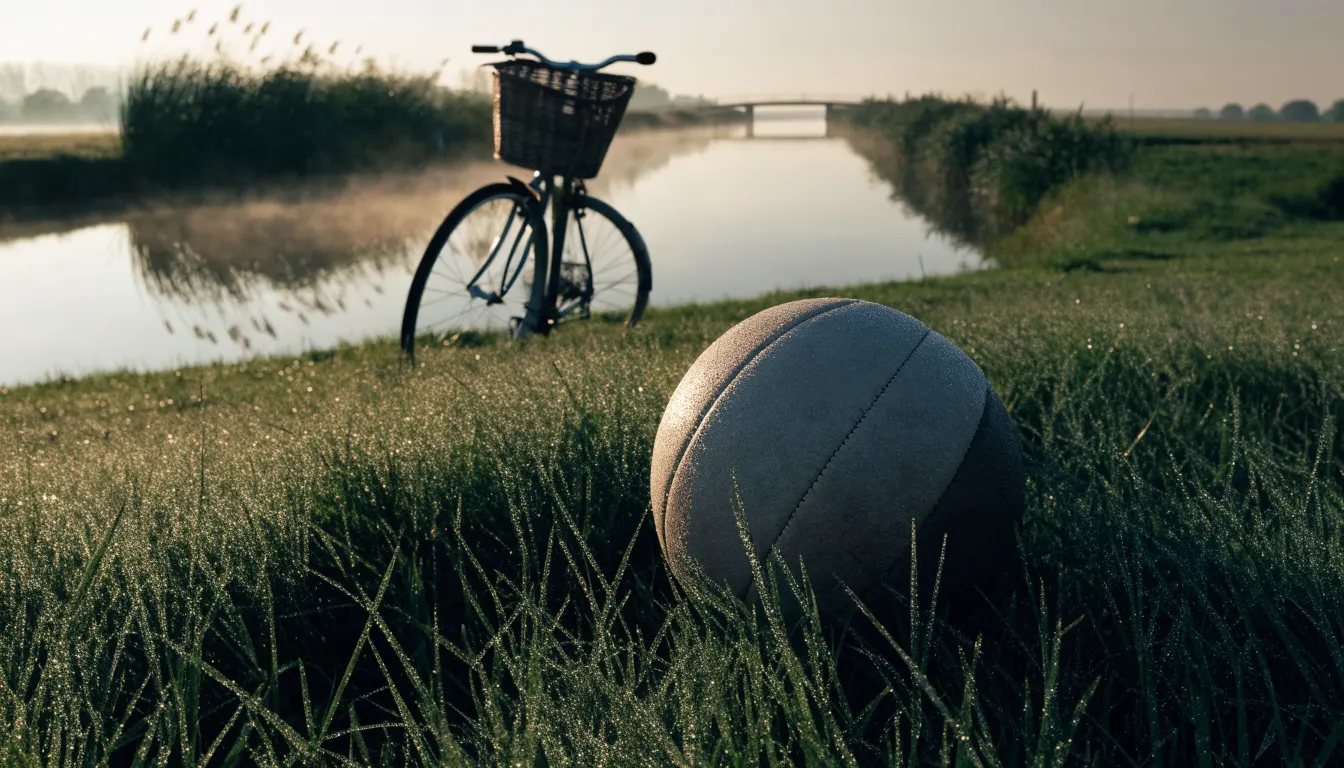 Ein Fussball liegt auf einer Wiese neben einem Fahrrad, im Hintergrund ein Kanal im Morgenlicht