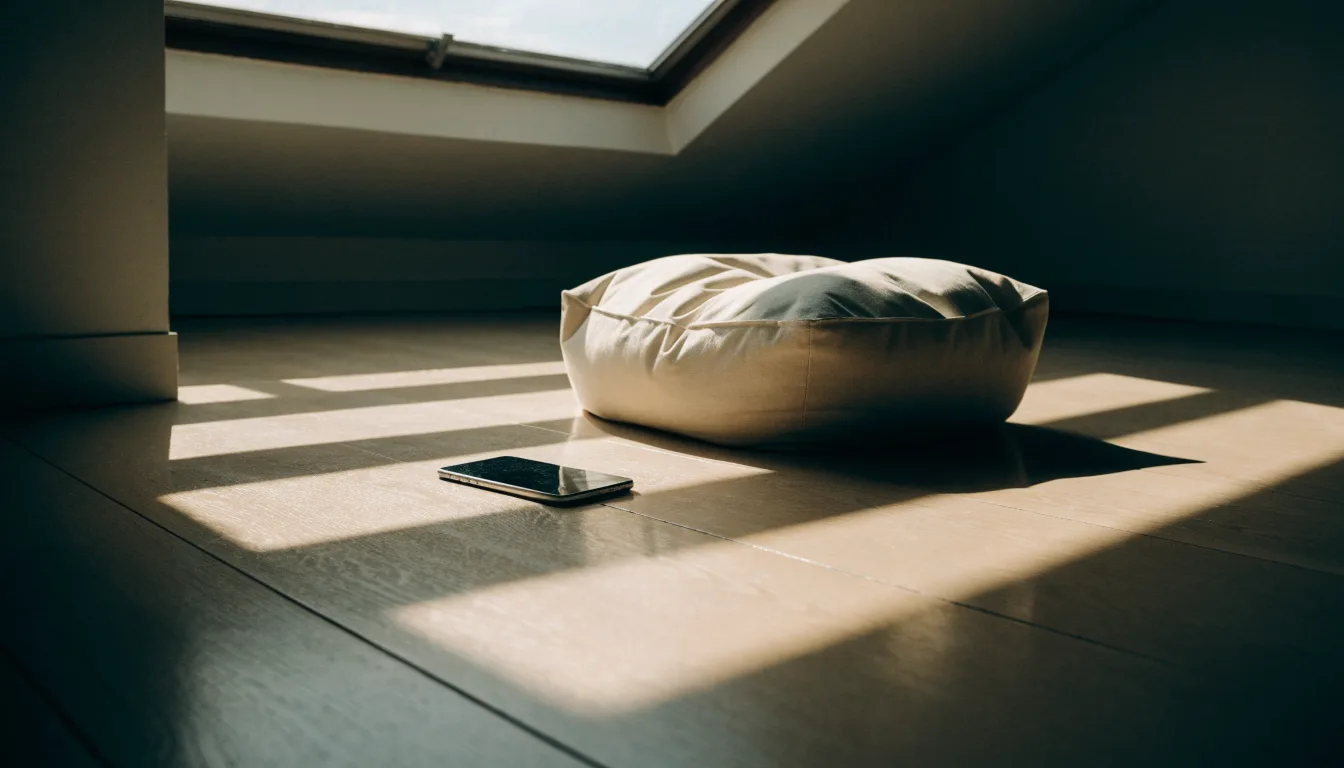 Ein leerer Sitzsack steht in einem Zimmer mit Dachfenster, Abendlicht fällt auf den Holzboden
