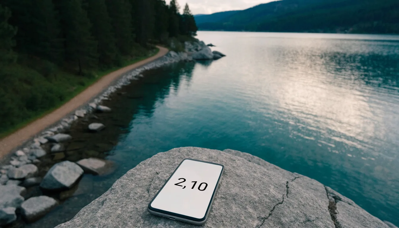 Ein schmaler Wanderweg führt am Seeufer entlang, auf einem Stein liegt ein Smartphone mit dunklem Display