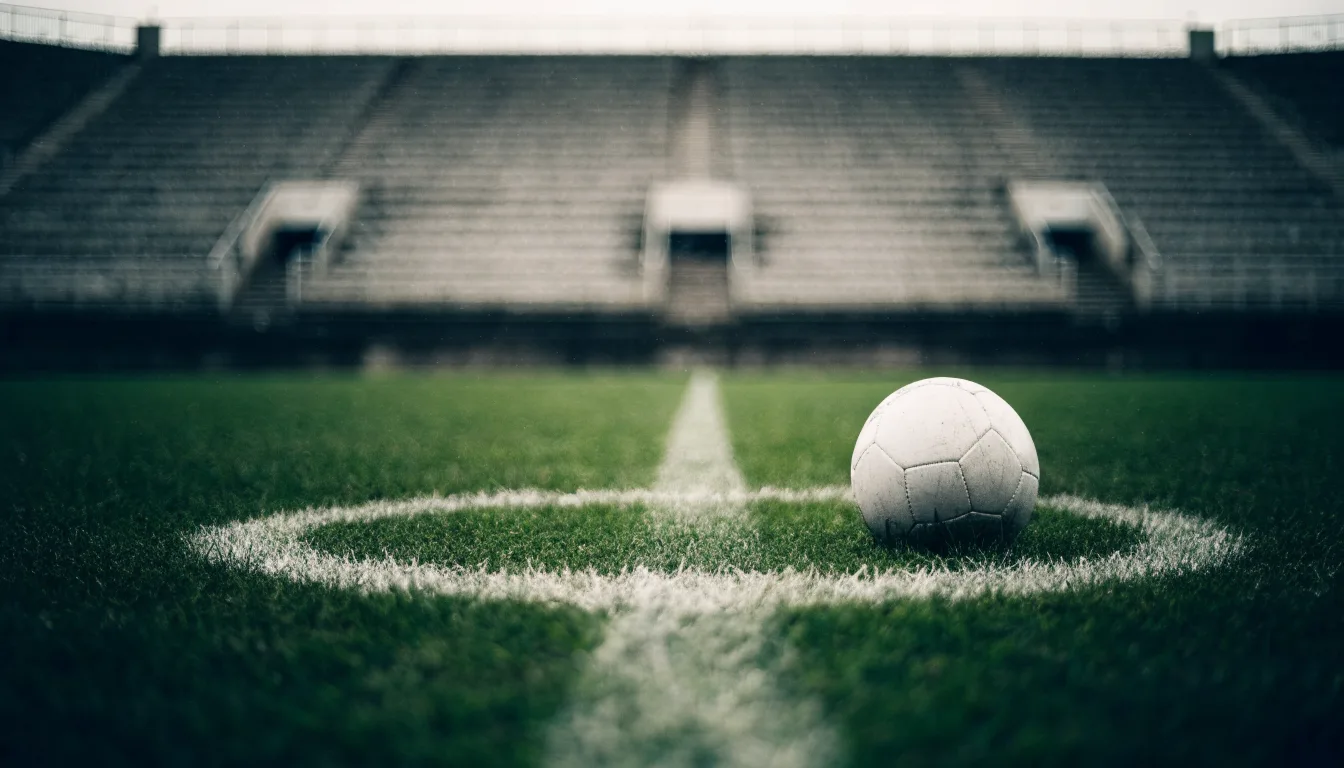 Ein Fussball liegt auf dem Anstosspunkt eines nassen Rasens, dahinter eine leere Tribüne unter grauem Himmel.