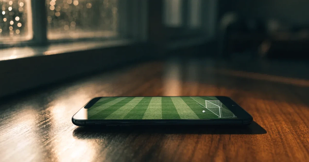 Ein Fussballtor mit weissem Netz steht auf frisch gemähtem Rasen, die hellen und dunklen Streifen im Gras leuchten im Gegenlicht.