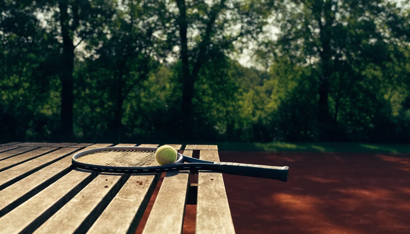 Ein Tennisball und ein Schläger ruhen auf einer Holzbank am Spielfeldrand, im Hintergrund hohe Bäume im Sommerlicht.