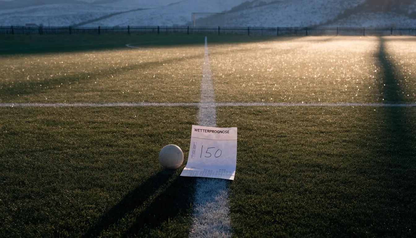 Ein Fussball liegt im Tau auf der Mittellinie eines Dorfplatzes bei Sonnenaufgang, der Rasen glitzert.