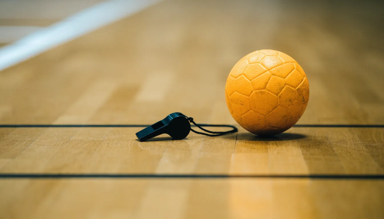 Ein kleiner, schwerer Ball liegt auf glattem Hallenparkett neben einer Trillerpfeife an einer Schnur.