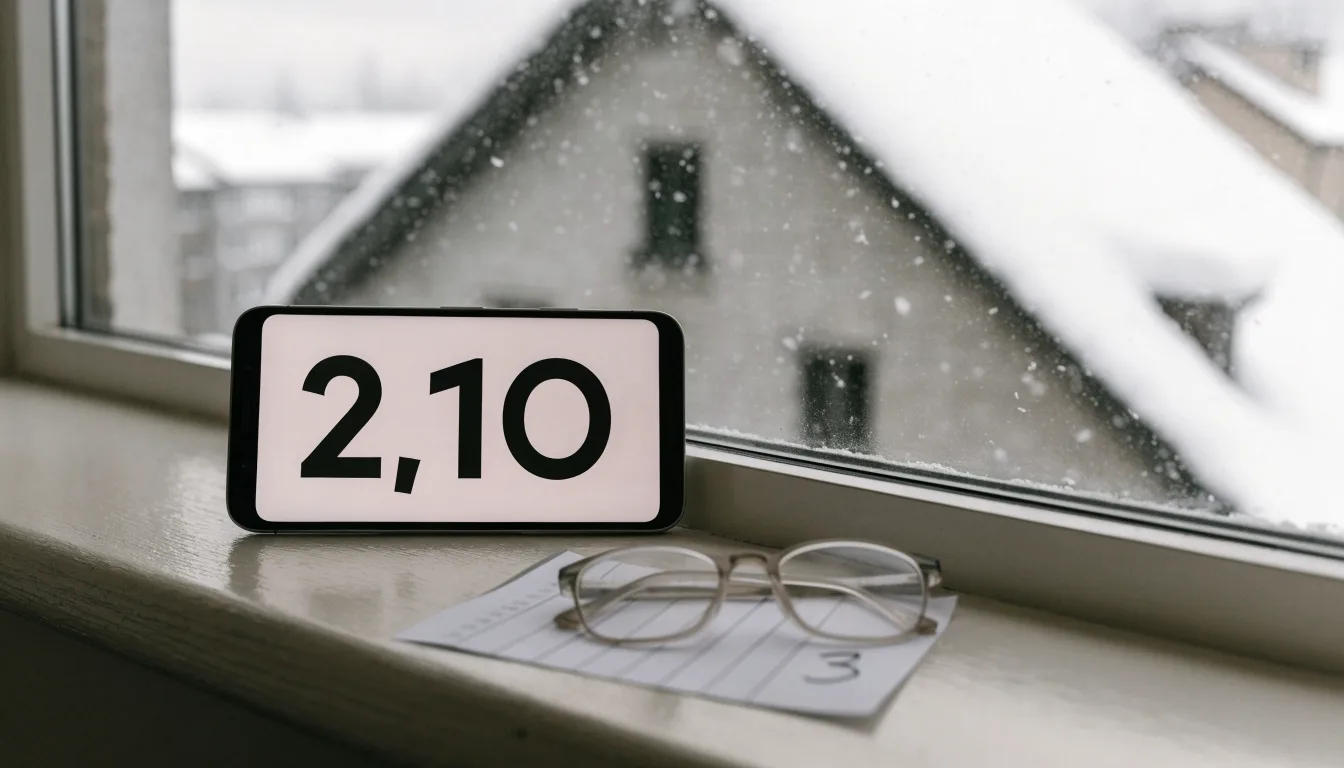 Eine Kaffeetasse und eine Brille stehen auf einem Fensterbrett, draussen fällt Schnee auf ein Dach.