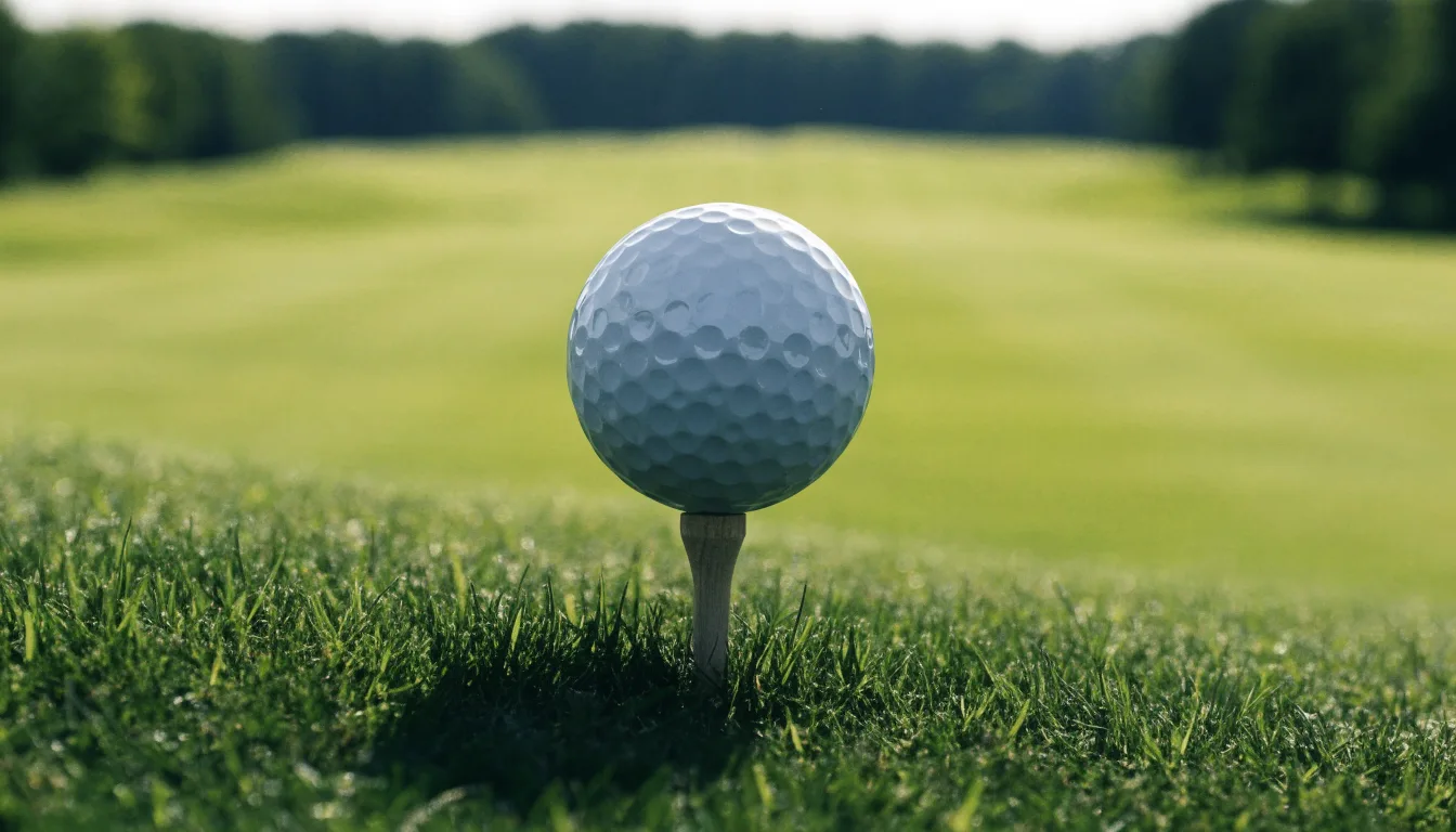 Ein Golfball liegt auf einem Holztee im Gras, scharf im Vordergrund, dahinter verschwimmt eine weite Wiese.