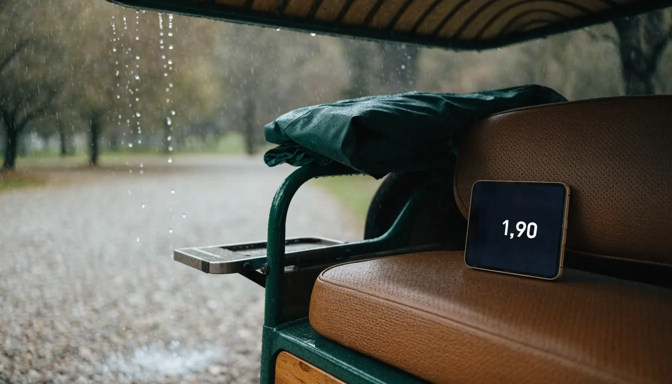 Ein leerer Golfwagen steht unter einem Vordach, Regen tropft vom Dachrand auf einen Kiesweg.