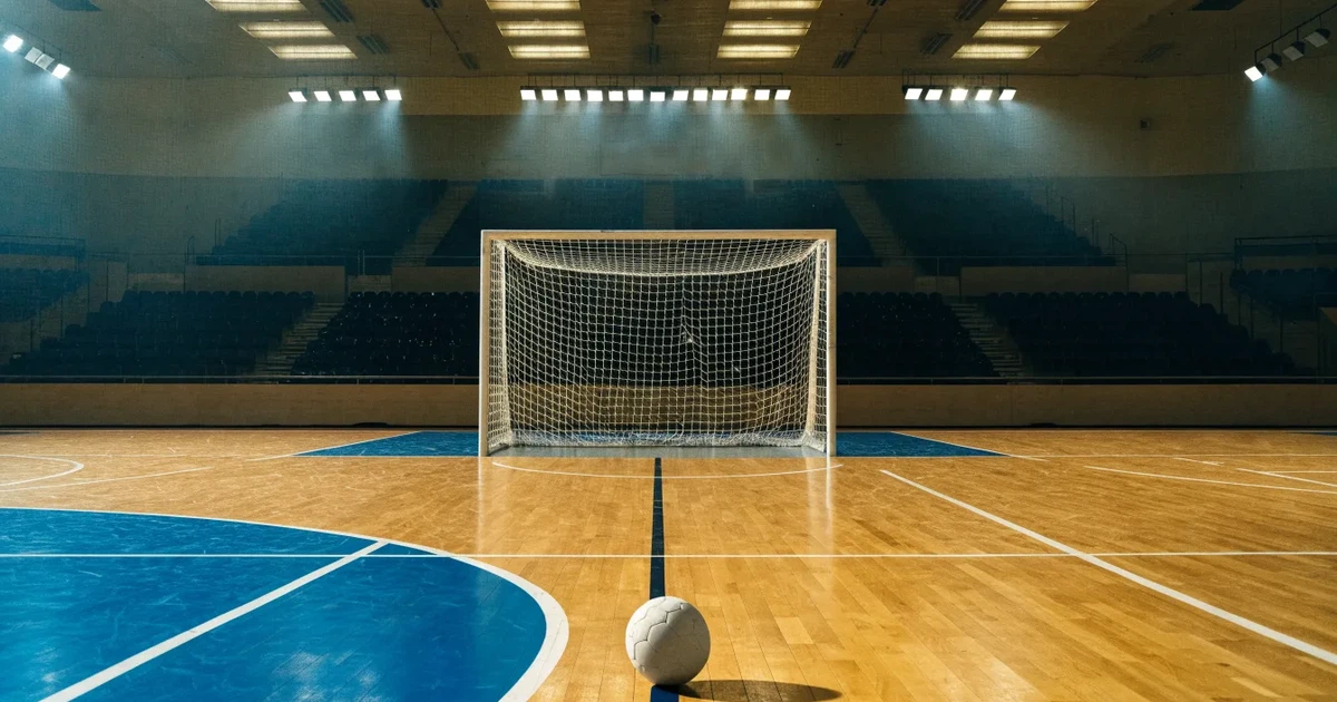 Ein Tor mit dicht gespanntem Netz steht in einer grossen Halle, davor liegt ein Handball auf der Torraumlinie.