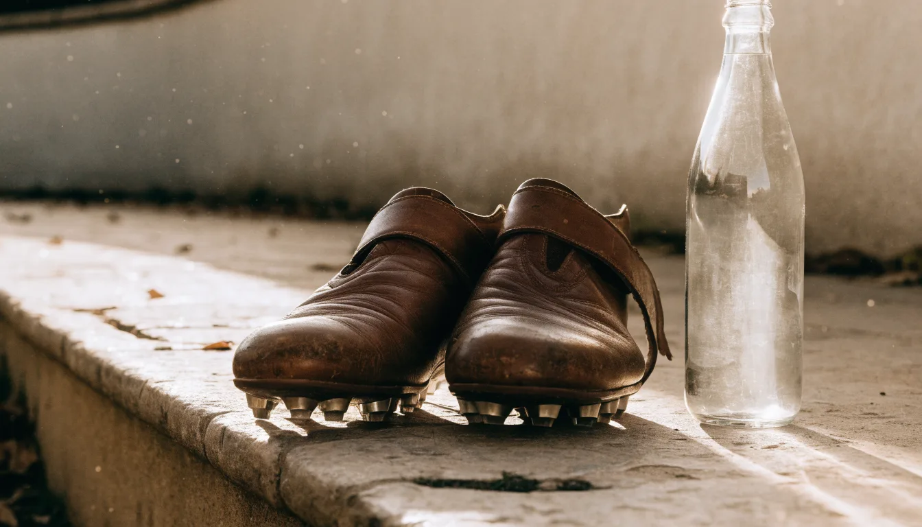 Ein Paar abgetragene Fussballschuhe steht neben einer Wasserflasche auf einer Treppenstufe im Sonnenlicht.