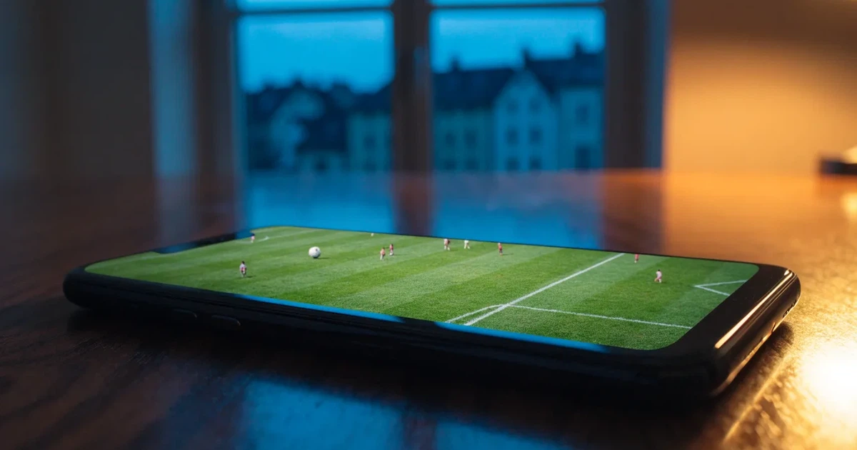 Ein Fussballplatz im Abendlicht mit langen Schatten der Torpfosten, die Rasenfläche leuchtet gelblich.