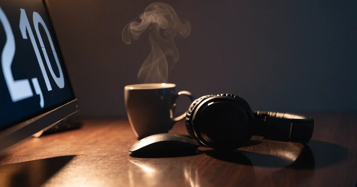 Ein Headset und eine Computermaus liegen auf einem dunklen Schreibtisch, daneben ein Becher mit dampfendem Tee.
