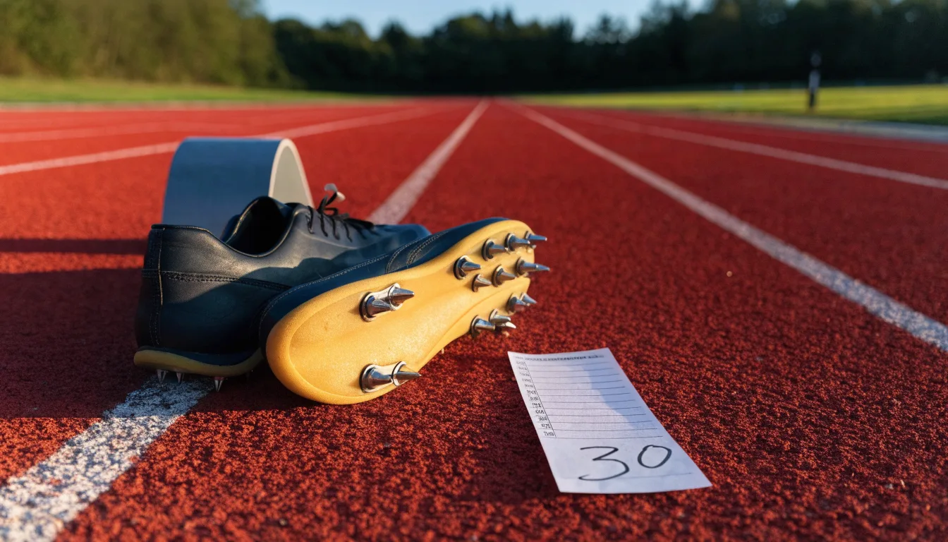 Ein Paar Laufschuhe mit Spikes liegt auf einer Tartanbahn neben einem Startblock, die Linien verlaufen in die Ferne.