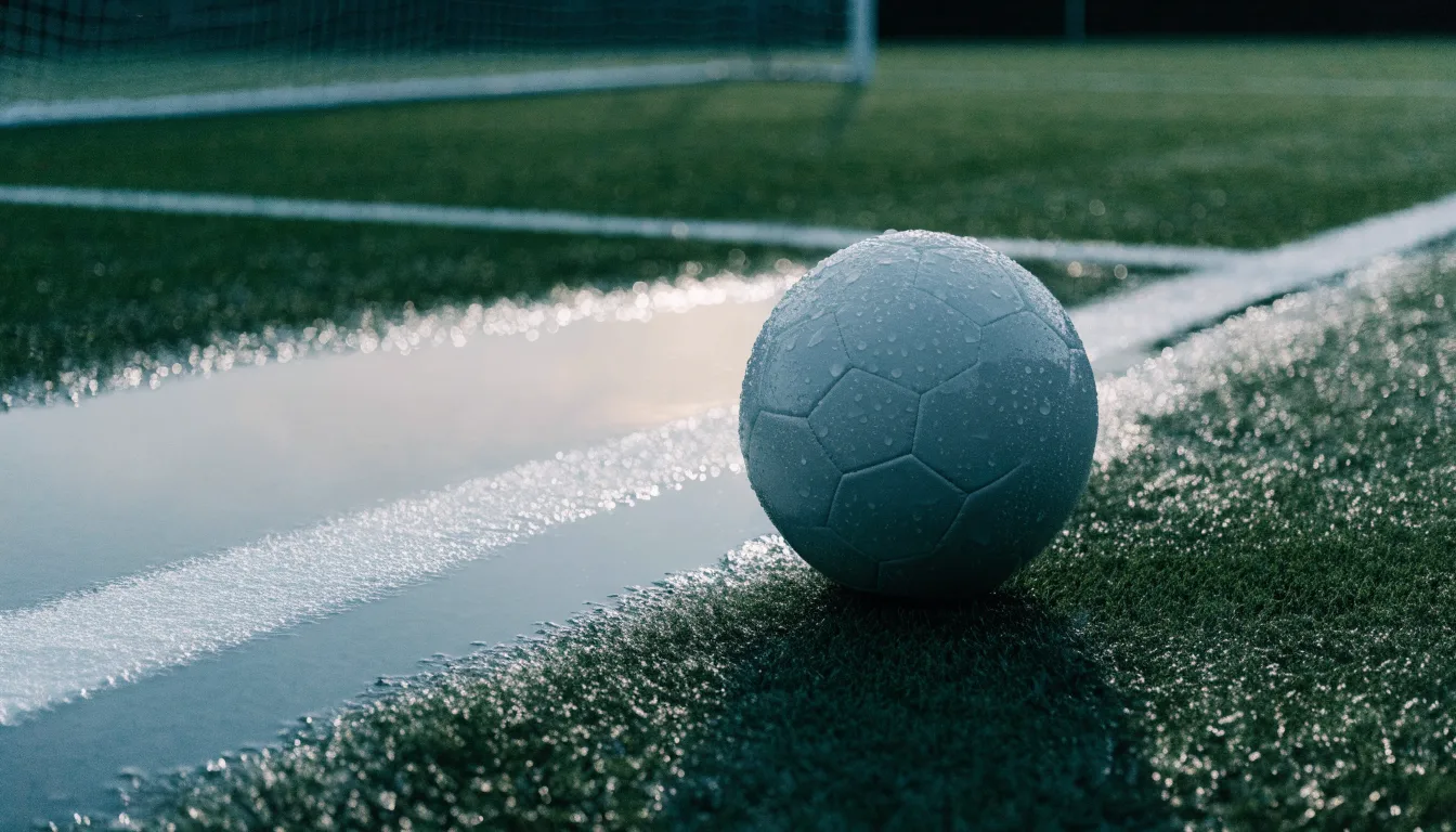 Ein Fussball liegt auf nassem Kunstrasen neben einer weissen Linie, Pfützen spiegeln den Himmel.