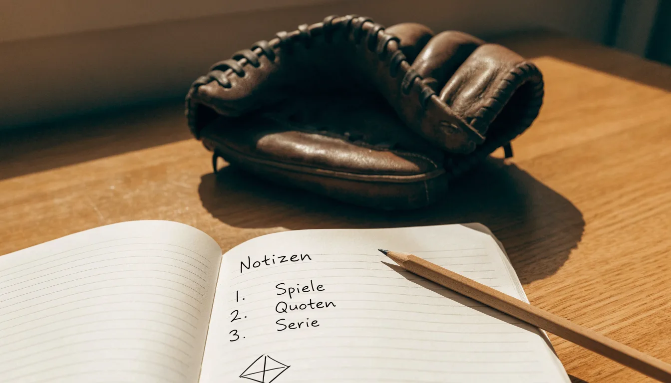 Ein aufgeschlagenes Notizbuch mit handgeschriebenen Notizen und ein Bleistift liegen auf einem Holztisch neben einem abgegriffenen Baseballhandschuh.