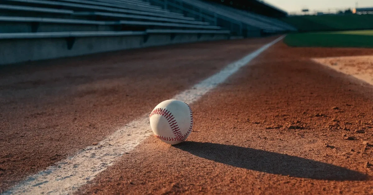 Ein weisser Baseball liegt auf rotbraunem Sand neben der Grundlinie eines leeren Stadions im warmen Abendlicht, die Ränge sind verlassen.