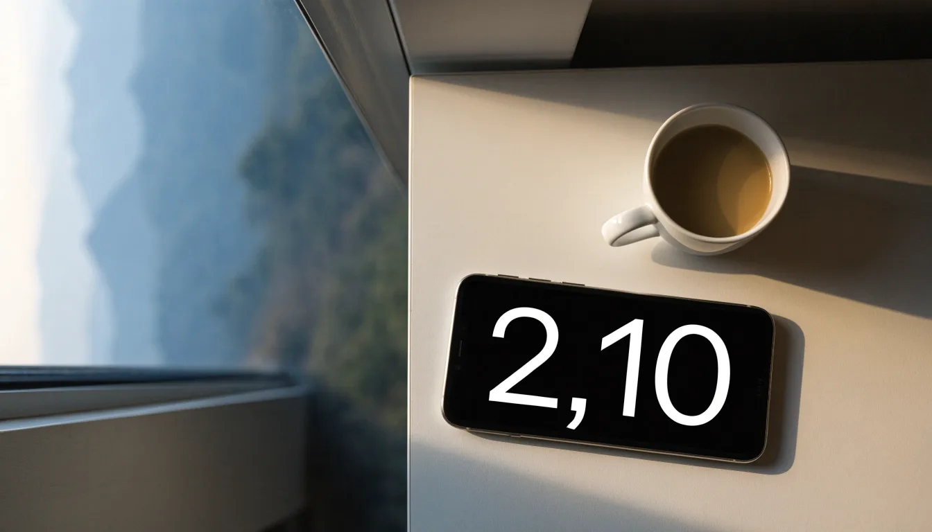 Ein Smartphone mit dunklem Bildschirm liegt auf einem hellen Schreibtisch neben einer Tasse, durch das Fenster dahinter sieht man eine Bergkette.