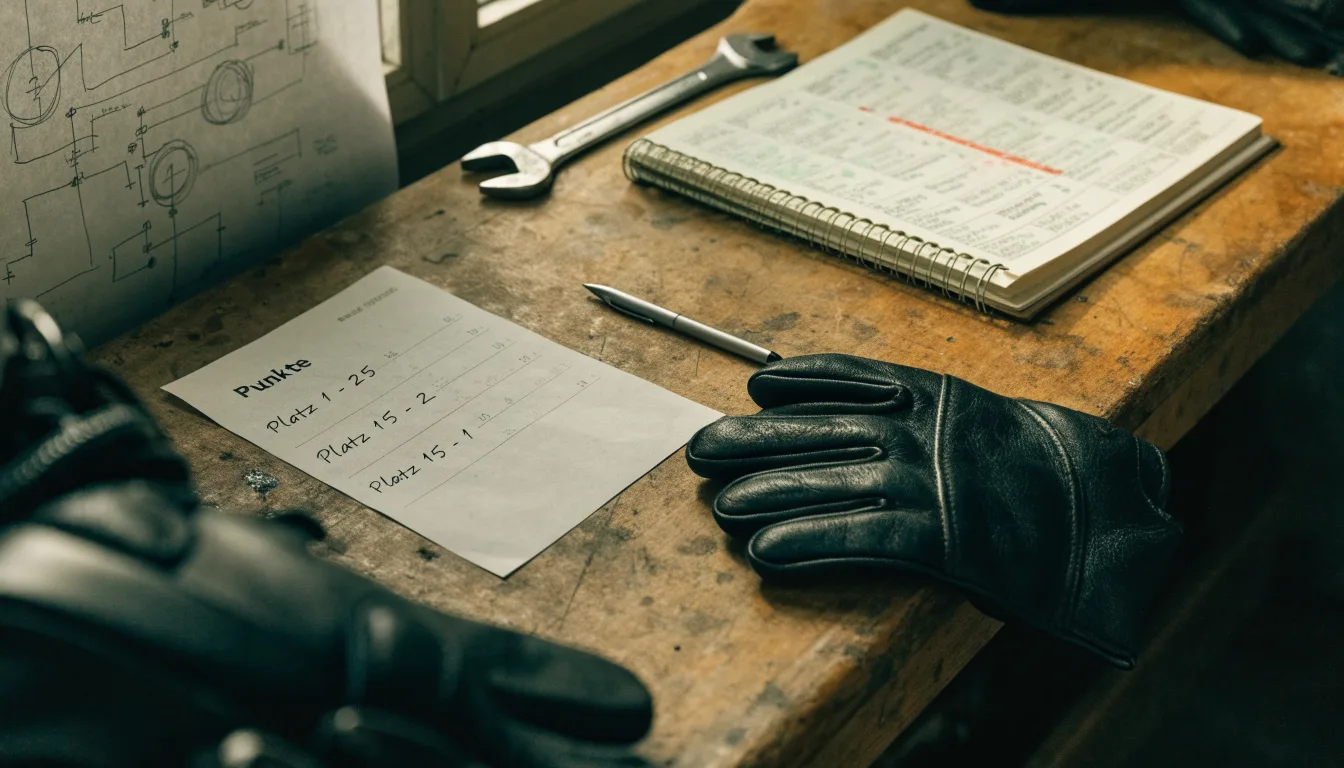 Ein Motorradhandschuh aus Leder liegt auf einer Werkbank neben einem Block mit handgezeichneten Skizzen und einem Schraubenschlüssel.